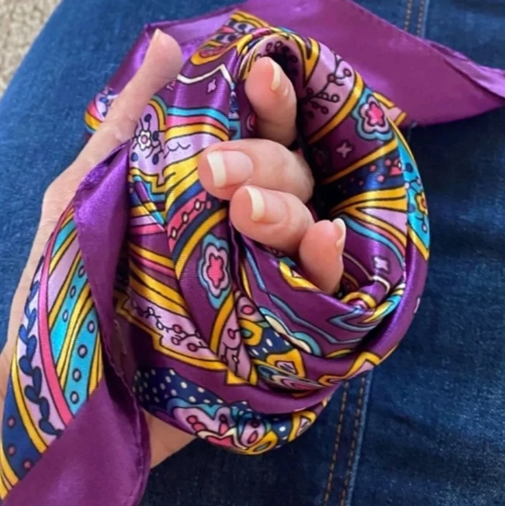 Oversized Satin square Scarf Purple Paisley boho Festival for head neck hair 💖